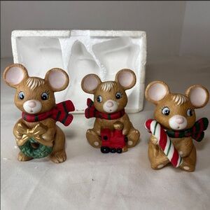 Vintage Homco 5210 Set of 3 Porcelain Christmas Mice, Wreath Candycane Train BOX